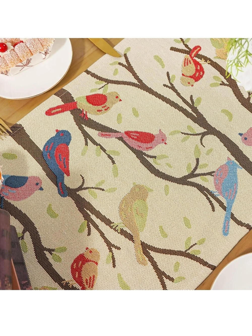 Decorative Bird Print Table Runner with Tassels - Cream Multicolor